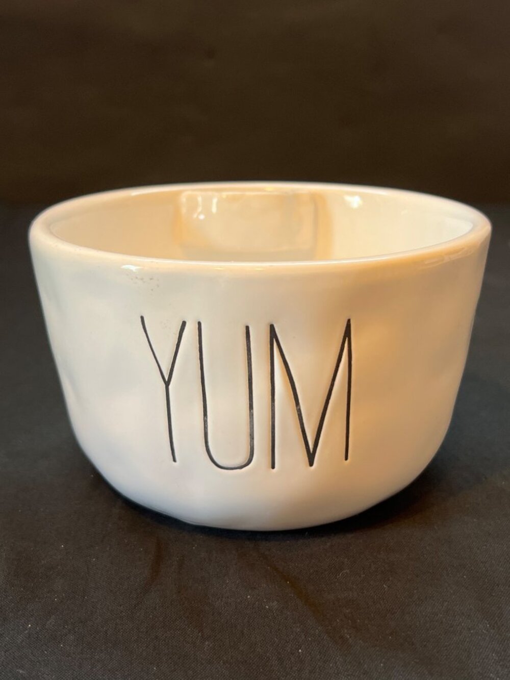 Mud Pie Ceramic YUM Handled Bowl White Textured Design 4.5in Diameter
